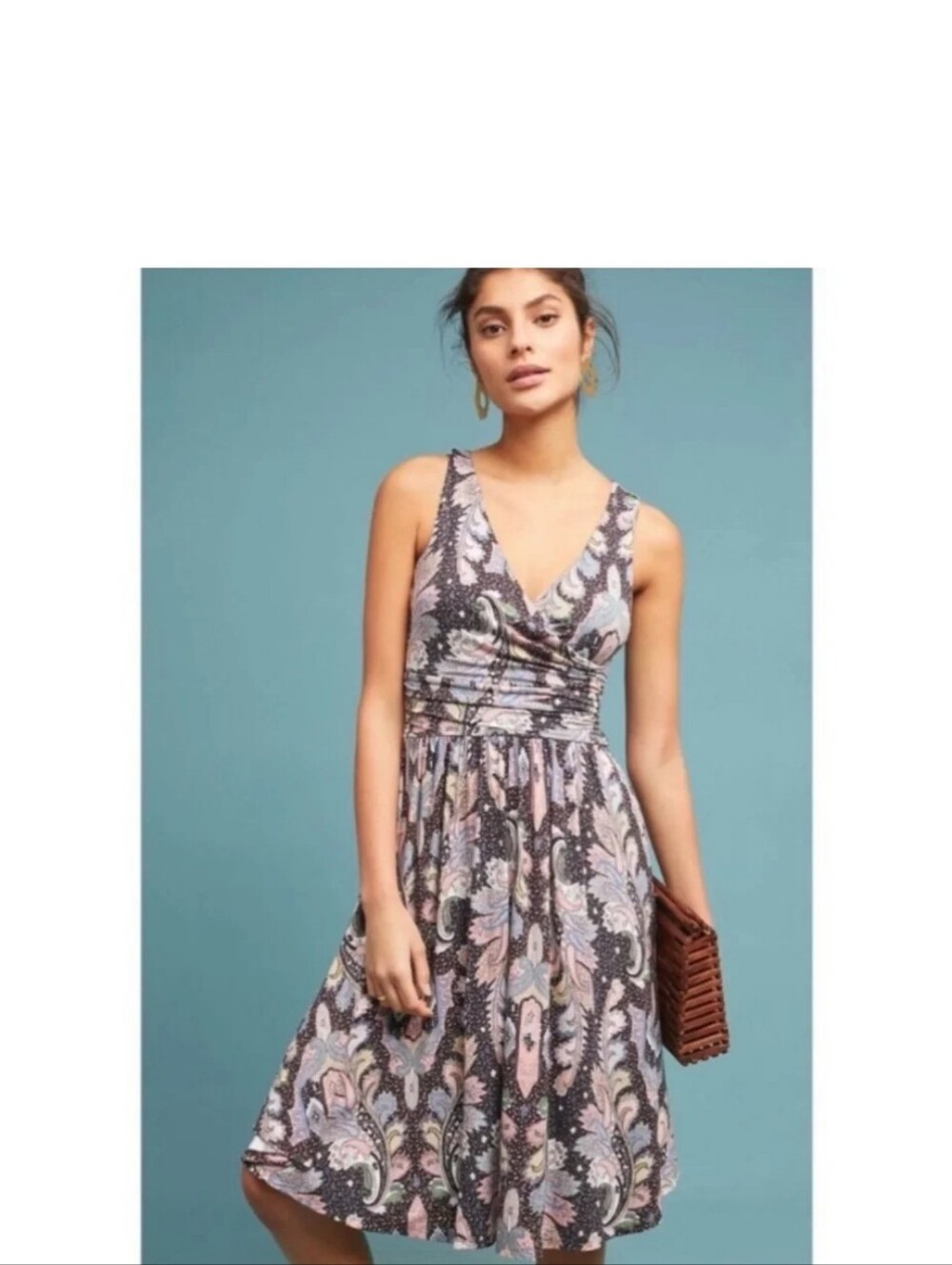 Anthropologie Maeve Leslie Pink and Gray Paisley Ruched V‑Neck Midi Dress
